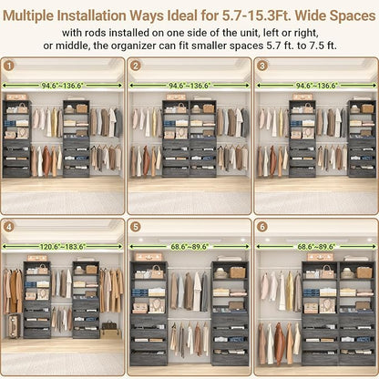 Aheaplus Closet System, 6-15Ft Closet Organizer with 8 Wooden Drawers, Wood Closet Organizer System with Tower, Walk-in Closet Organizer Wardrobe Garment Clothes Rack with 4 Hanging Rods, Black Oak
