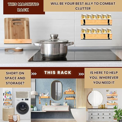 (4 Pack) Magnetic Spice Storage Rack Organizer for Refrigerator and Oven, 4 Strong Magnetic Shelf, Black Fridge Storage, Spice Rack Organizer, Metal-Bamboo