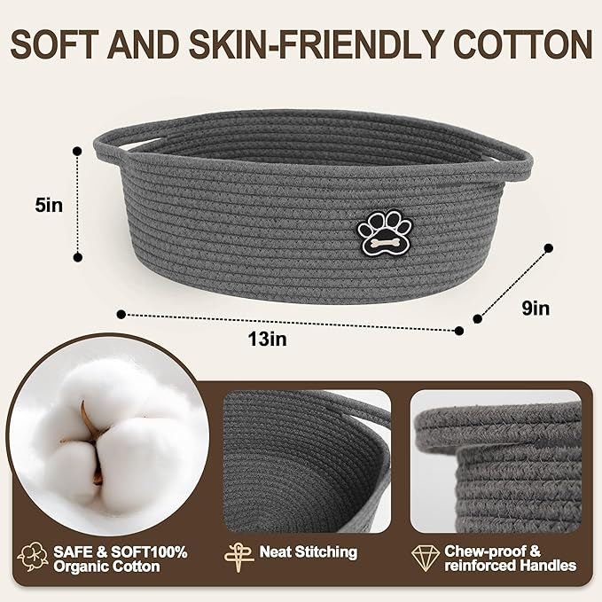 Small Dog Toy Basket, Soft Cotton Rope Dog Cat Toy Bin, Woven Storage Holder for Living Room Nursery, Cats Pet Gift Basket Empty, Decorative Wicker Storage Box with Handle, 13"x 9"x 5" (Grey)