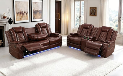 Living Room Furniture Sets with LED, Power Reclining Couch Set for Living Room, Include 1 Loveseat, 3 Seat Sofa, Modern Brown Leather Recliner Sofa Furniture Set for Home and Office