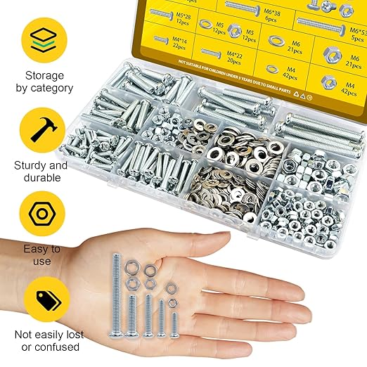 225pcs Screws and Nuts Assortment Kit,M4 M5 M6 Phillips Pan Head Assorted Nuts and Bolts,Washers Kit for Headboard, Wall Plate Switch, Receptacles Mounting Screws Silver