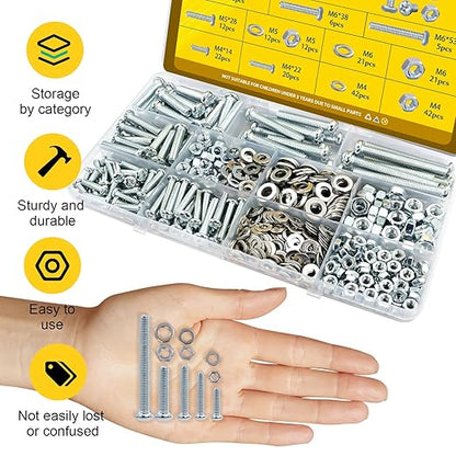225pcs Screws and Nuts Assortment Kit,M4 M5 M6 Phillips Pan Head Assorted Nuts and Bolts,Washers Kit for Headboard, Wall Plate Switch, Receptacles Mounting Screws Silver