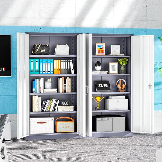 Bonusall Mental Garage Cabinets with 2 Door and 4 Shelves, Locking Cabinet with for Tool，Tall Garage Storage Cabinets for Home Office, Warehouse，School(White Grey)