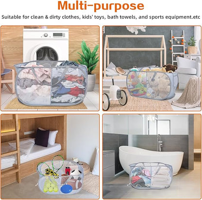 Sturdy Collapsible Laundry Baskets, Foldable Pop Up Laundry Hamper, Durable 2 Compartments Laundry Basket, Handy Pocket & Easy to Sort Clothes Hampers for Laundry, Dorm, Kids Room, Travel Grey