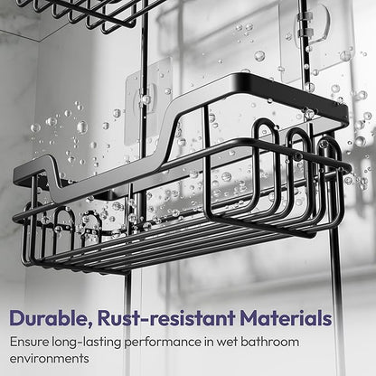 SWTYMIKI Bathroom Shower Caddy Hanging - 3 Tier Rustproof Over Shower Head Organizer, No Drilling Bathroom Shelf with 16 Hooks & Soap Holder, Anti-Swing Rack for Shampoo,Sponge,Towel, Black, Large
