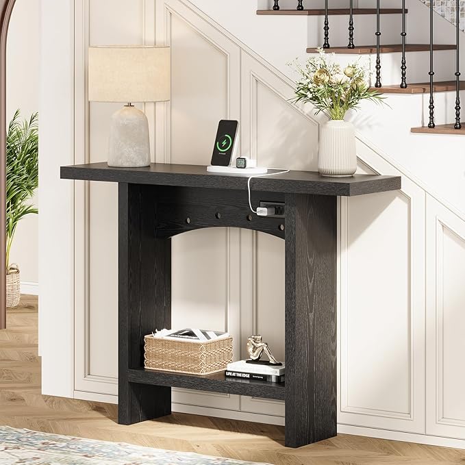 43" Console Table with Charging Station, Farmhouse Entryway Table, Entryway Table with Storage for Living Room or Foyer, Sofa Table for Hallway with Anti-Tip, Easy Assembly, Black