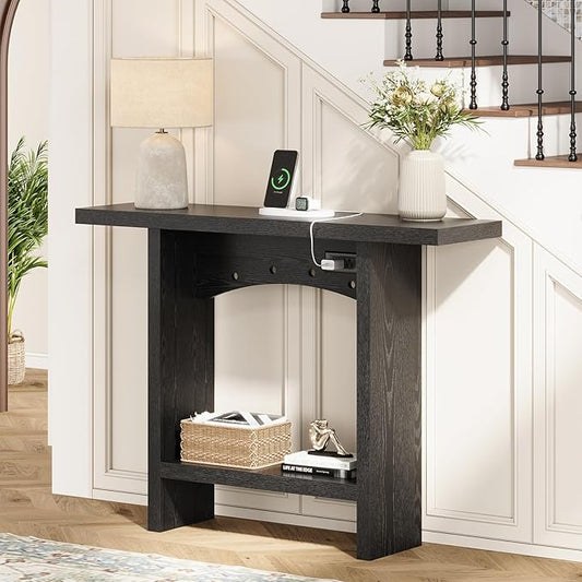 43" Console Table with Charging Station, Farmhouse Entryway Table, Entryway Table with Storage for Living Room or Foyer, Sofa Table for Hallway with Anti-Tip, Easy Assembly, Black