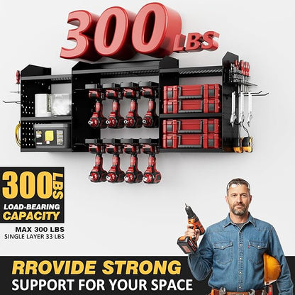 Power Tool Organizer Wall Mount with Charging Station, Heavy-Duty Metal Garage Tool Storage Rack & 8 Outlet Power Strip, 51 Inch 3 Tier 8 Bin Shelves for Workshop Organization