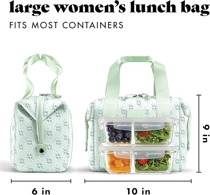 Fit & Fresh Neoprene Lunch Bag For Women, Insulated Womens Lunch Bag For Work, Tear & Stain Resistant Large Lunch Box For Women With Containers and Ice, Machine Washable Remi Bag, Sage Flower