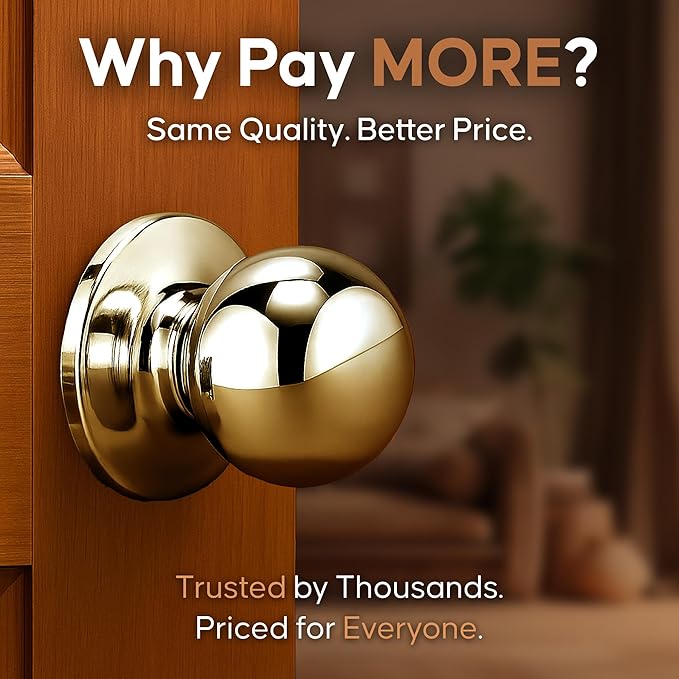 Copper Creek Dummy Interior Door Knob – ANSI Grade-3 Certified, Modern Heavy Duty Handle, Easy Install and Reversible for French Doors & Closets, Non Turning – Polished Brass (1 Pack)