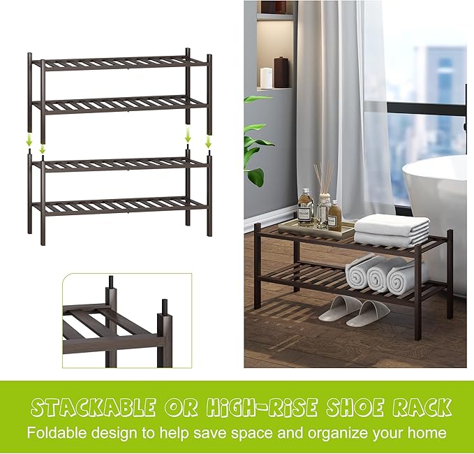 BMOSU 2-Tier Bamboo Shoe Rack Premium Stackable Shoe Shelf Storage Organizer for Hallway Closet Living Room Entryway Organizer (Brown Bamboo)