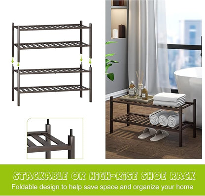 BMOSU 2-Tier Bamboo Shoe Rack Premium Stackable Shoe Shelf Storage Organizer for Hallway Closet Living Room Entryway Organizer (Brown Bamboo)