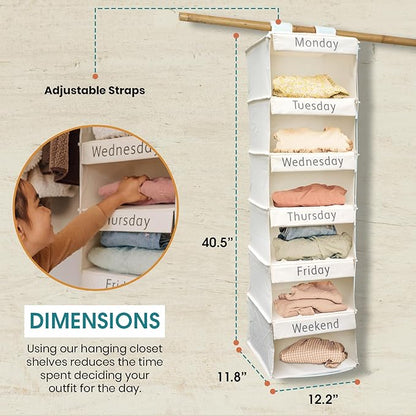 Super Heavy Duty Kids Closet Organizers and Storage | Linen Weekly Clothes Organizer for Kids with 6 Shelves | Hanging Clothes Organizer | Kids Clothes Rack w/Hook & Loop