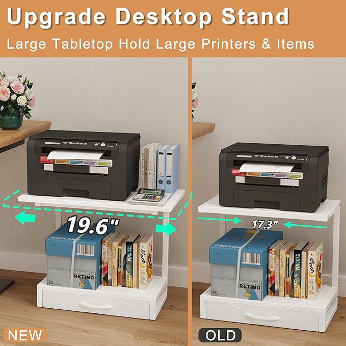 YAOHUOO 2-Tier Desktop Printer Stand with Fabric Drawer, Prtiner Table with Storage Shelf, Desk Organizer for Home Office,3D Printer,Fax Machine,Scanner, 19.6"x14.9" White