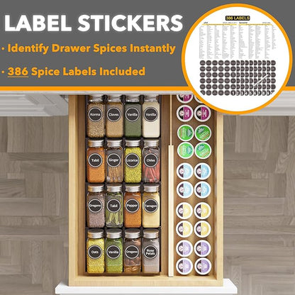 SpaceAid Spice Drawer Organizer with 16 Spice Jars, 386 Spice Labels, 4 Tier Seasoning Rack Tray Insert for Kitchen Drawers, 7.5" Wide x 17.5" Deep