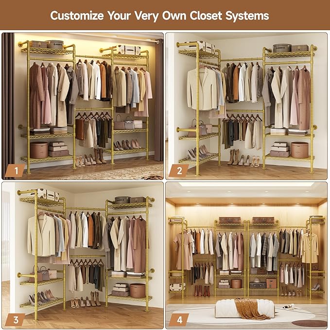 P3 Industrial Pipe Closet System, Wall Mounted Garment Racks with 4 Telescopic Rods & 6 Mesh Shelves, Heavy Duty Clothing Clothes Rack for Walk-in Closets (Gold)