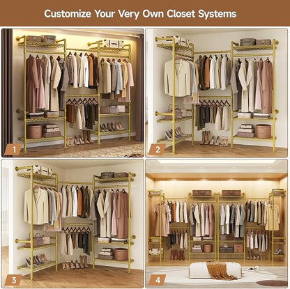 P3 Industrial Pipe Closet System, Wall Mounted Garment Racks with 4 Telescopic Rods & 6 Mesh Shelves, Heavy Duty Clothing Clothes Rack for Walk-in Closets (Gold)