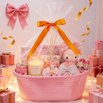 Christmas Baskets for Gifts Empty, Small Woven Basket with Gift Bags & Ribbons, Empty Gift Baskets for Thanksgiving Baby Shower, Cute Nursery Storage Organizer Pet Toy Box 12"X 8" X 5 (Pink, 4 Pack)