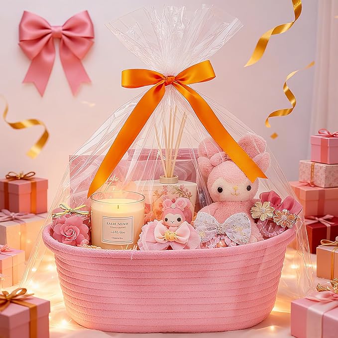 Christmas Baskets for Gifts Empty, Small Woven Basket with Gift Bags & Ribbons, Empty Gift Baskets for Thanksgiving Baby Shower, Cute Nursery Storage Organizer Pet Toy Box 12"X 8" X 5 (Pink, 2 Pack)