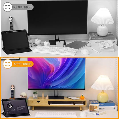 Homerays Monitor Stand with Drawer, Exquisite Computer Monitor Stand for Desk, Ergonomic Wood Monitor Stand Riser for Computer,Laptop,Printer,TV,Upgrade Bamboo