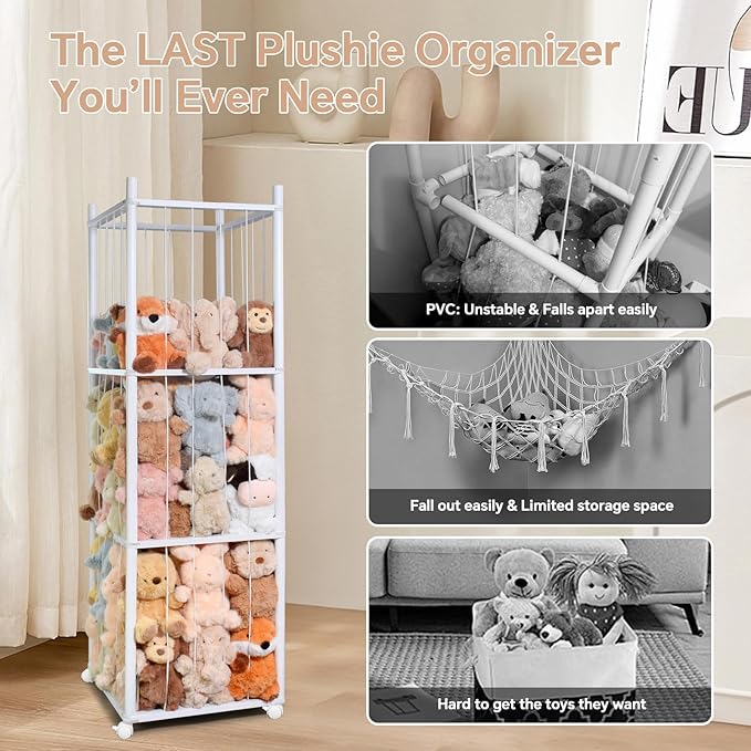 Stuffed Animal Storage Kids, Wood Stuffed Animal Zoo Storage with Brake Wheels, Stuffed Animal Organizer with Elastic Cords for Kids, Perfect for Nursery Playroom Kidroom Bedroom - White