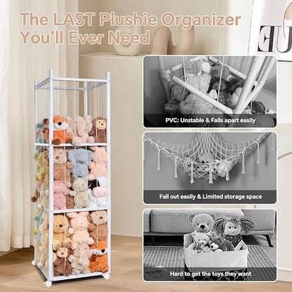 Stuffed Animal Storage Kids, Wood Stuffed Animal Zoo Storage with Brake Wheels, Stuffed Animal Organizer with Elastic Cords for Kids, Perfect for Nursery Playroom Kidroom Bedroom - White