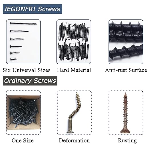 High Hardness Drywall Screws Assortment Kit, 166 pcs, Coarse Thread, Phillips Drive, Black Wood Screws, Screws Assortment, Screws Set, 6 Sizes (3”,2”,1-1/2”,1-1/4”,1”,3/4”)