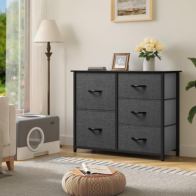 YITAHOME Dresser for Bedroom with 5 Drawers, Wide Bedroom Fabric Dresser with Storage Bins, Clothes Cabinet for Bedroom, Living Room, Hallway, Black Grey