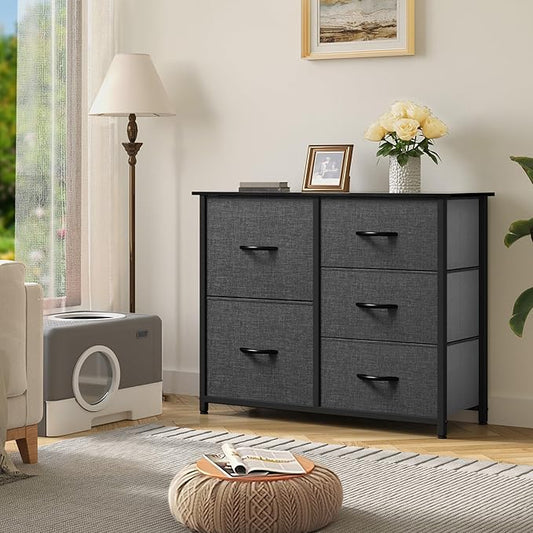 YITAHOME Dresser for Bedroom with 5 Drawers, Wide Bedroom Fabric Dresser with Storage Bins, Clothes Cabinet for Bedroom, Living Room, Hallway, Black Grey
