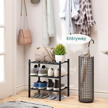Small Shoe Rack for Entryway,3-Tier Black Bamboo Shoe Organizer for Hallway Closet, Free Standing Shoe Racks for Indoor Outdoor