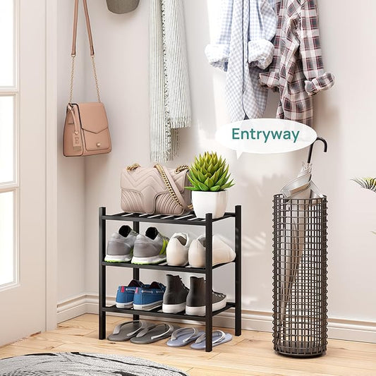 Small Shoe Rack for Entryway,3-Tier Black Bamboo Shoe Organizer for Hallway Closet, Free Standing Shoe Racks for Indoor Outdoor