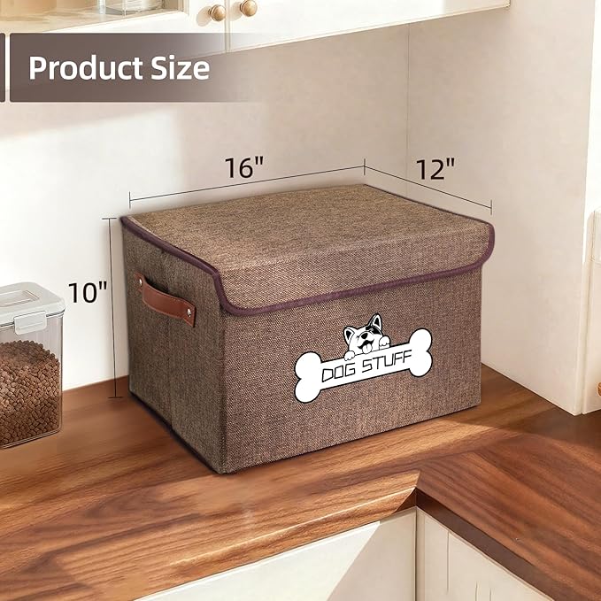 Fabric Dog Toy Box with Lid, Collapsible Storage Bin, Basket Organizer with Handle for Dog Toys, Blankets and Accessories, Coffee
