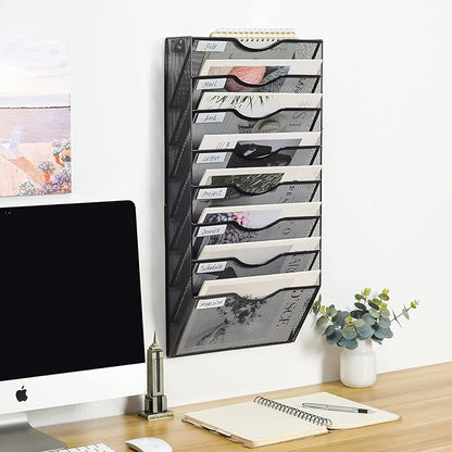 PAG Hanging Wall File Holder Organizer Mail Sorter Literature Rack for Office, 8 Pockets, Black