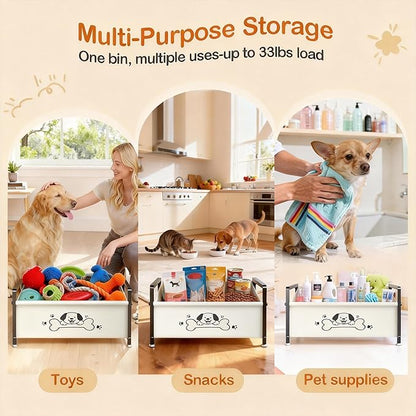Dog Toy Basket for Storage, Metal Frame Oxford Fabric Pet Toy Organizer with Raised Legs, Large Capacity Dog Toy Bin with Front Low Opening, Washable and Durable Design