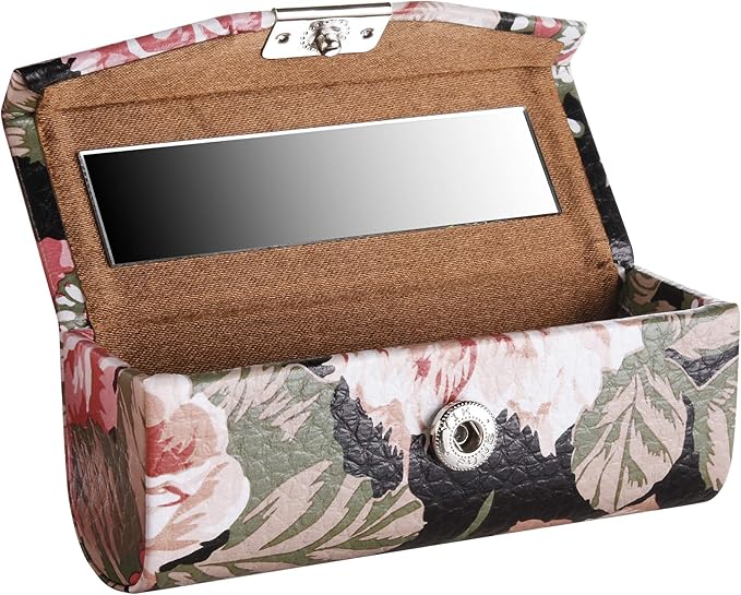 Beautyflier Women’s PU Leather Lipstick Case Holder with Mirror Rectanglet Makeup Travel Cases for Purse Lipstick Holder (Black Flower)