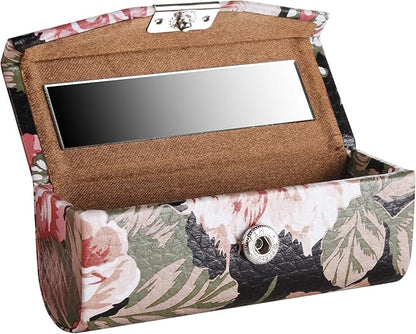 Beautyflier Women’s PU Leather Lipstick Case Holder with Mirror Rectanglet Makeup Travel Cases for Purse Lipstick Holder (Black Flower)