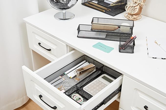 Annova Mesh Stackable Drawer Cabinet and Shelf Organizer Bins Storage Basket School Office Supply Holder Tray- Set of 2 (Black, 6x15x2 Inch)