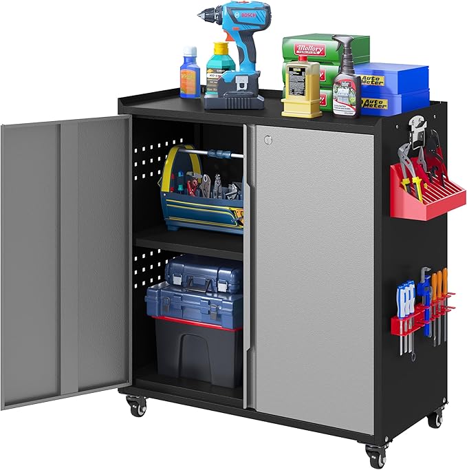 Metal Garage Storage Cabinet with Locking Doors and Adjustable Shelves,34.3" H Small Rolling Tool Storage Cabinet,Lockable Metal Tool Cabinet on Wheels for Garage, Warehouse, Barbershop-Black Gray