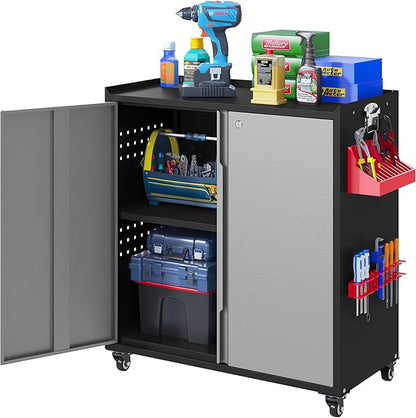 Metal Garage Storage Cabinet with Locking Doors and Adjustable Shelves,34.3" H Small Rolling Tool Storage Cabinet,Lockable Metal Tool Cabinet on Wheels for Garage, Warehouse, Barbershop-Black Gray