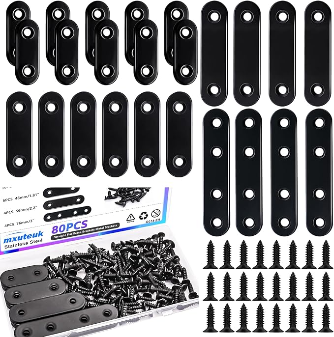 mxuteuk 86pcs Black Straight Flat Bracket,Stainless Steel Black Flat Brackets for Wood,Metal Mending Plate with Screws 36mm/46mm/56mm/76mm