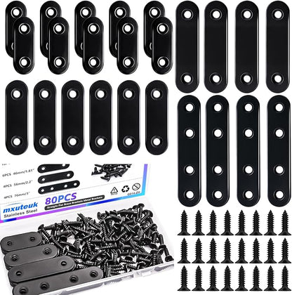 mxuteuk 86pcs Black Straight Flat Bracket,Stainless Steel Black Flat Brackets for Wood,Metal Mending Plate with Screws 36mm/46mm/56mm/76mm