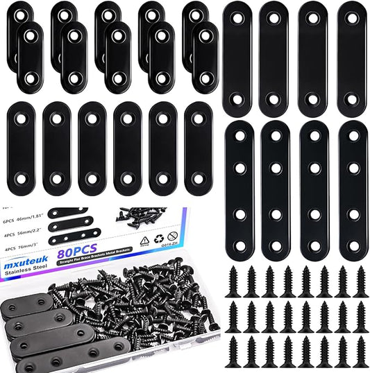mxuteuk 86pcs Black Straight Flat Bracket,Stainless Steel Black Flat Brackets for Wood,Metal Mending Plate with Screws 36mm/46mm/56mm/76mm