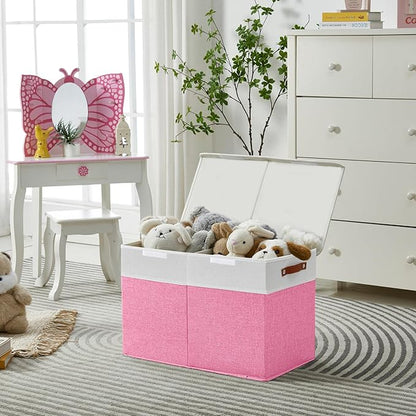 Large Toy Storage Box with Lids, Collapsible Sturdy Baby Storage Organizer Chest Bin Basket for Kids, Boys, Girls, Playroom, Nursery, Bedroom, Closet 25"x13"x16" (Pink and White)