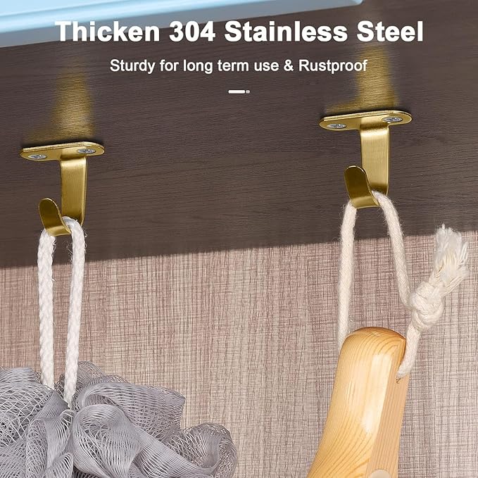 NearMoon Stainless Steel Screw Mounted Ceiling Hooks, Under-Shelf Towel/Robe Clothes Hook Heavy Duty Coat Hanger for Bathroom Kitchen Cabinet Garage, 10 Pack (Brushed Gold)