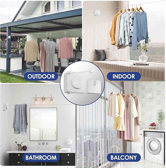 Retractable Clothesline Indoor, Non-Sagging Clothes Line Retracting Outdoors,15.6Ft Heavy Duty Clothes Drying Laundry Line, Wall Mounted Clothesline with 5pcs Stainless Steel Hooks (White)