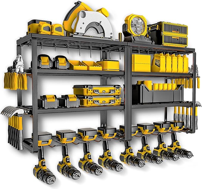 Power Tool Organizer, 15 Min Quick Assembly & Max 420lbs load by Heavy Duty Metal, 4 shelves 8 Slots for Cordless Drill in Garage/Workshop/Pegboard/Shed Suitable for Father's Day
