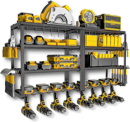 Power Tool Organizer, 15 Min Quick Assembly & Max 420lbs load by Heavy Duty Metal, 4 shelves 8 Slots for Cordless Drill in Garage/Workshop/Pegboard/Shed Suitable for Father's Day