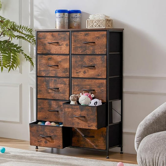 Sweetcrispy Dresser for Bedroom, Fabric Dresser with 10 Drawers, Chest of Drawers for Closet, Living Room, Sturdy Steel Frame, Wooden Top, Easy Pull Handle, Brown