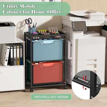 Rolling File Cart with 2 Drawers, Under Desk Storage Cabinet with DIY Divider, Letter/Legal Mobile Filling Cabinet on Wheels, Hanging File Folders Organizer, Metal Utility Cart for Home Office, Black