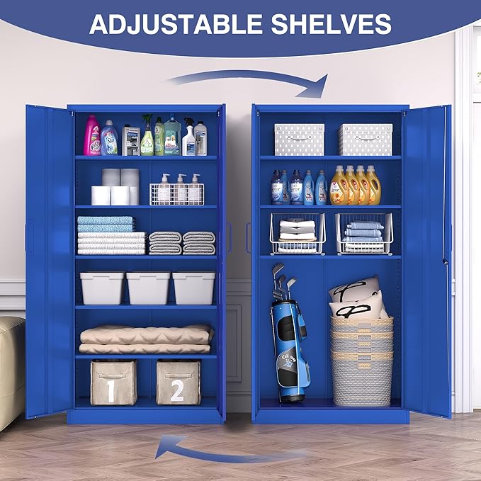 Metal Cabinet with Lock, Tall Storage Cabinet with Door and Adjustable Shelves,Blue Steel Storage Cabinets for Garage,Home Office,Pantry,School,Hospital
